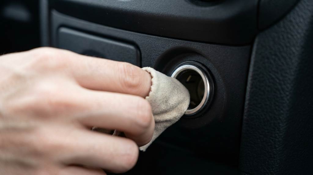 USB car charger connected inside a vehicle dashboard