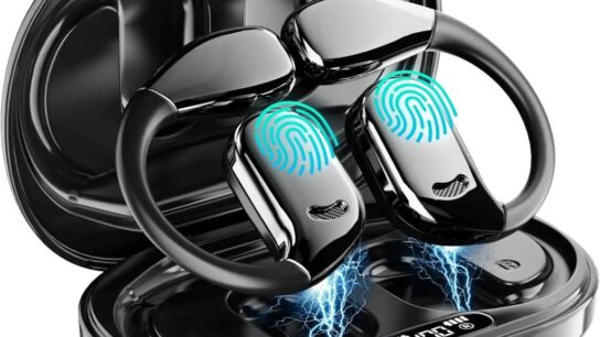 Close-up of wireless translation earbuds paired with a smartphone translation app