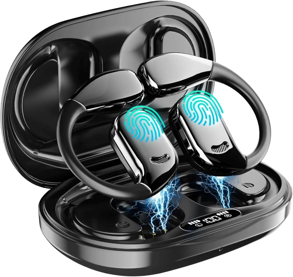 Close-up of wireless translation earbuds paired with a smartphone translation app
