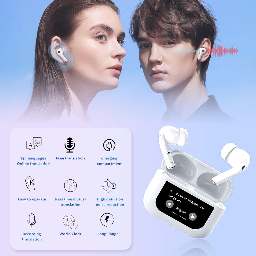 Person using AI translation earbuds for real-time conversations in different languages