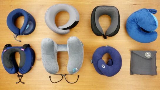 Close-up of memory foam neck pillow designed for supporting head and neck during flights