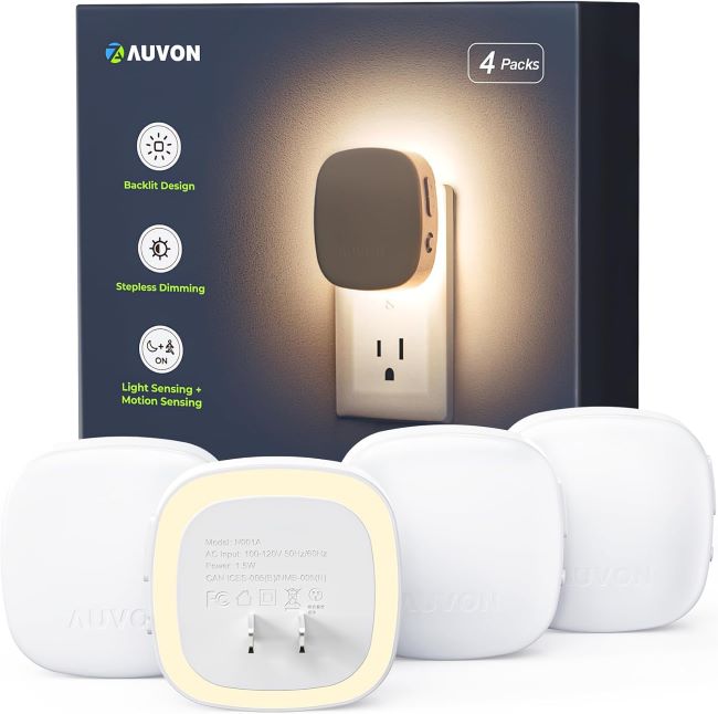 AUVON plug-in LED motion sensor night light with dimmable warm white glow for bedroom and hallway