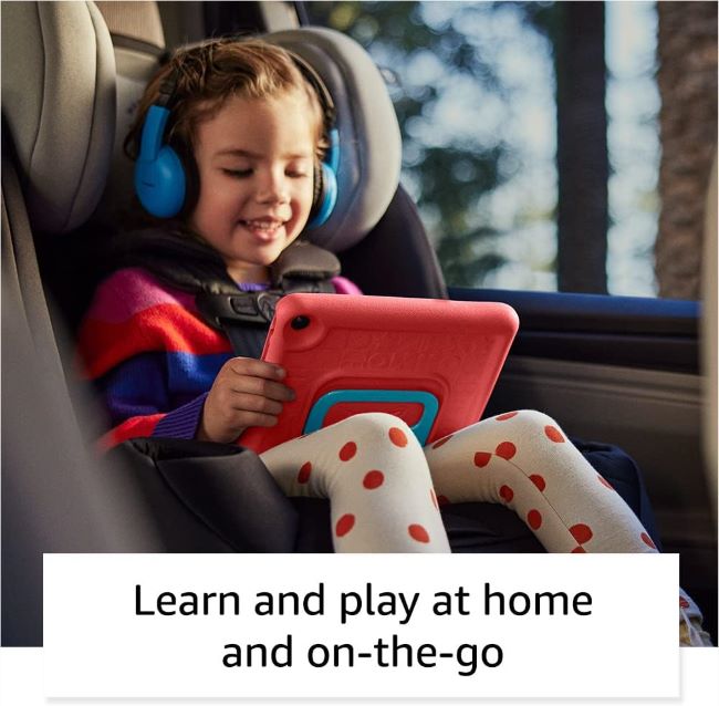Amazon Fire 7 Kids Tablet displaying educational apps with parental controls and a colorful protective case