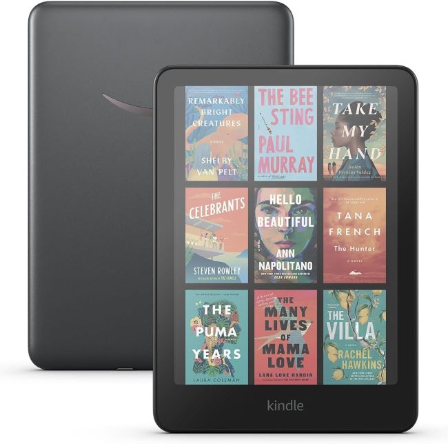 Kindle Colorsoft Signature Edition displaying colorful books and comics