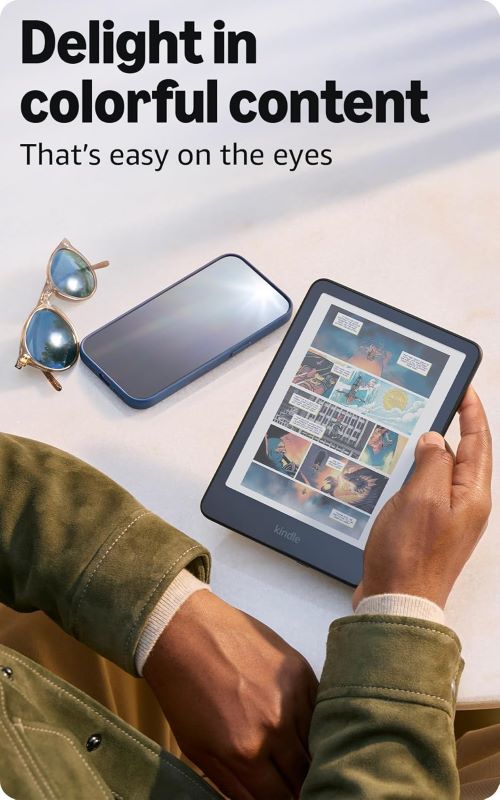 Kindle Colorsoft 16 GB displaying colorful book covers and highlighted text