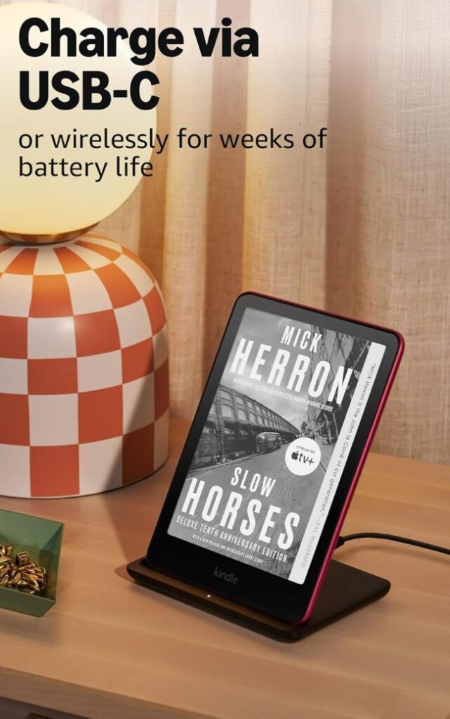 Amazon Kindle Paperwhite Signature Edition 32GB displaying an ebook on its glare-free screen