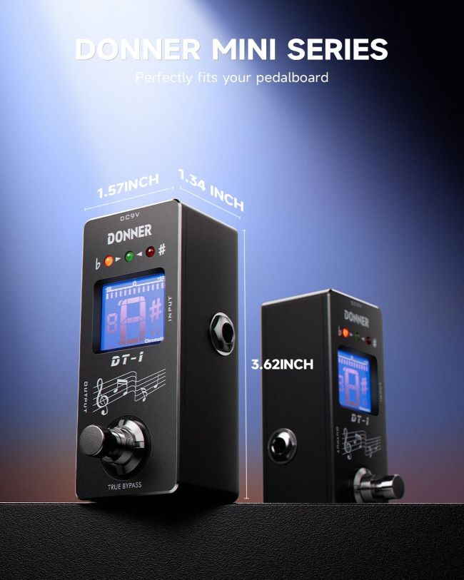 Donner DT-1 true bypass tuner pedal connected to an electric guitar pedalboard