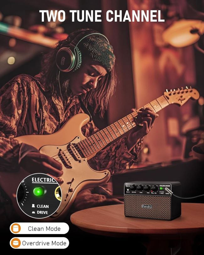 Flatsons FBA-10 mini guitar amplifier with USB-C charging and headphone output