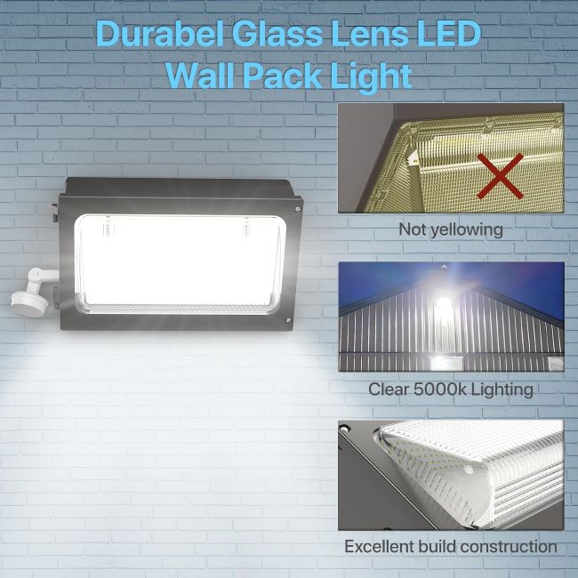 HYPERLITE 120W LED wall pack light with motion sensor for outdoor security lighting in yards and building exteriors
