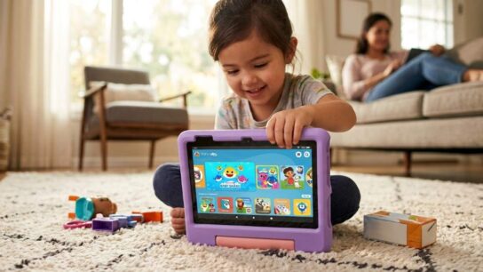 Child using Amazon Fire 7 Kids Tablet for educational learning