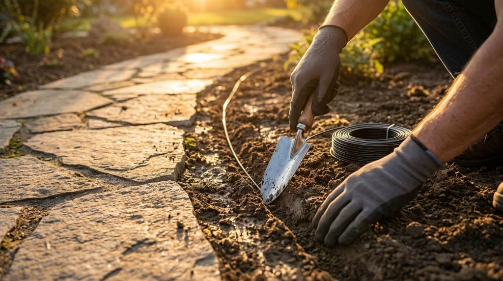 Connecting landscape lighting cable to outdoor pathway light fixtures