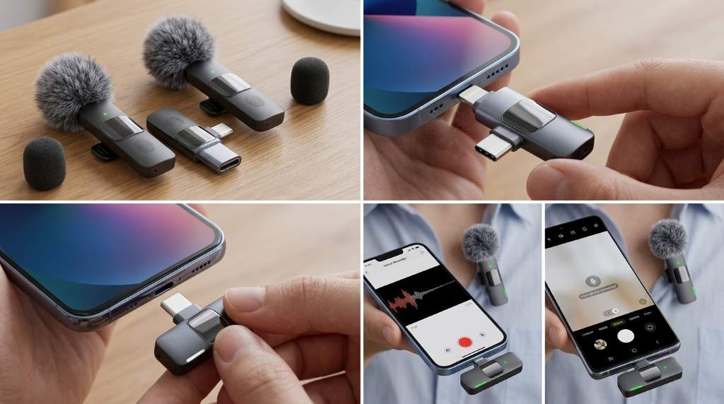 Content creator using Mini Mic Pro for clear audio recording