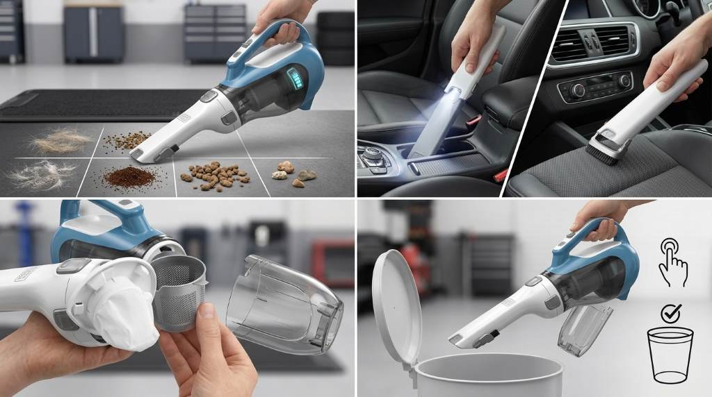 Cordless vacuum removing pet hair from car seat