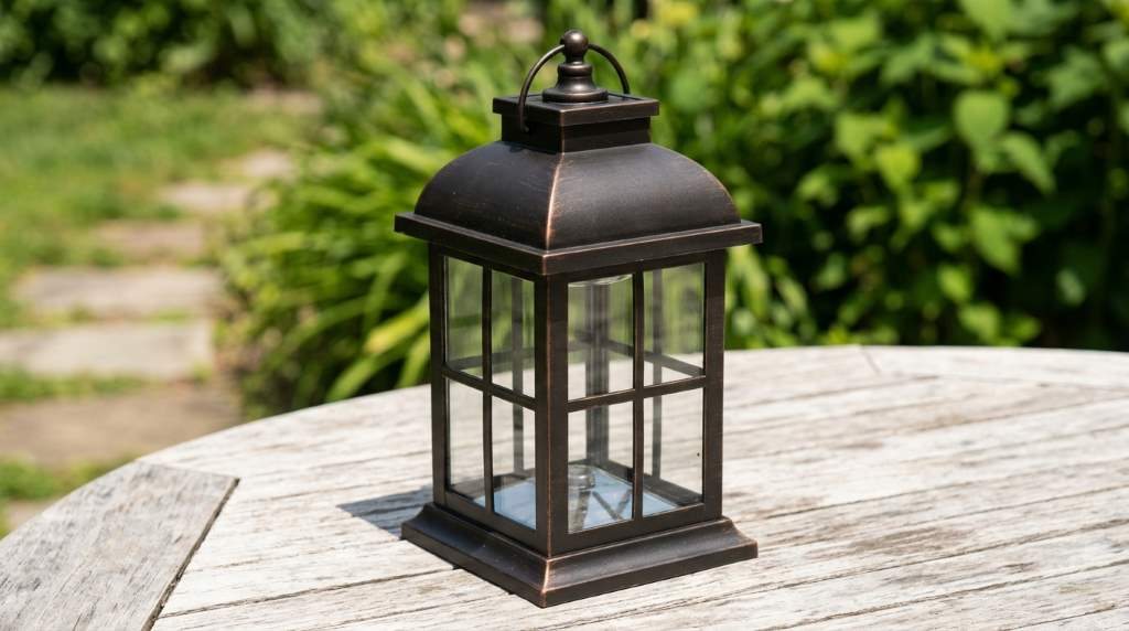 Decorative solar lantern on a modern front porch