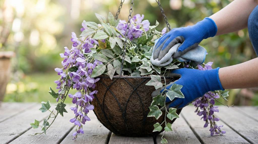 Fresh decorative faux hanging flower basket after cleaning