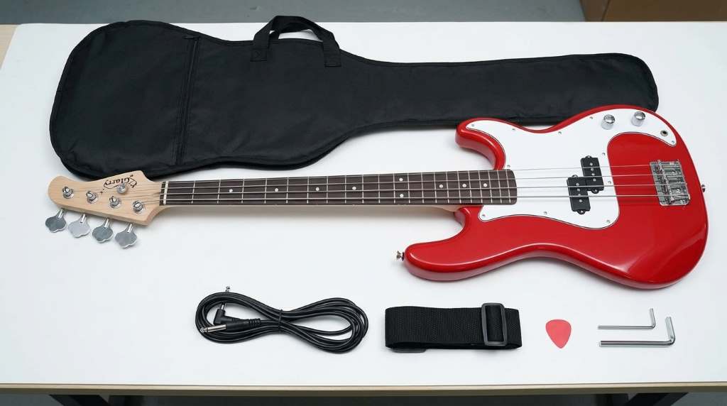 Glarry electric bass guitar setup process on workbench