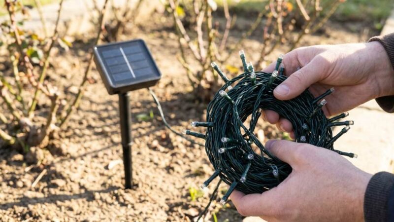 Homeowner hanging solar Christmas string lights along the roof