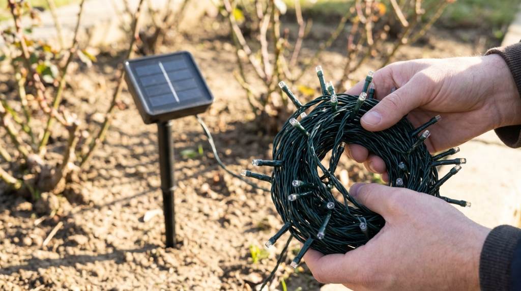 Homeowner hanging solar Christmas string lights along the roof