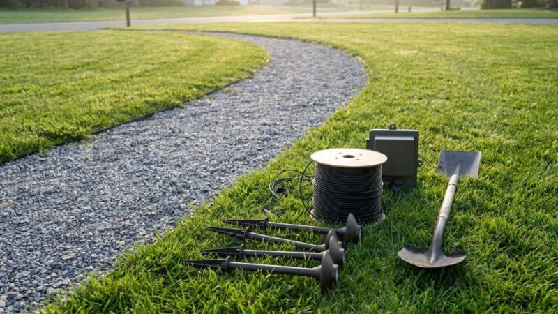 Installing low voltage outdoor pathway lights beside a garden walkway