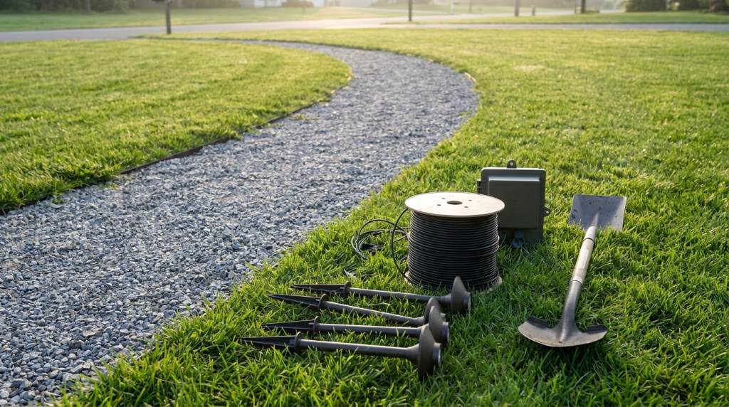 Installing low voltage outdoor pathway lights beside a garden walkway