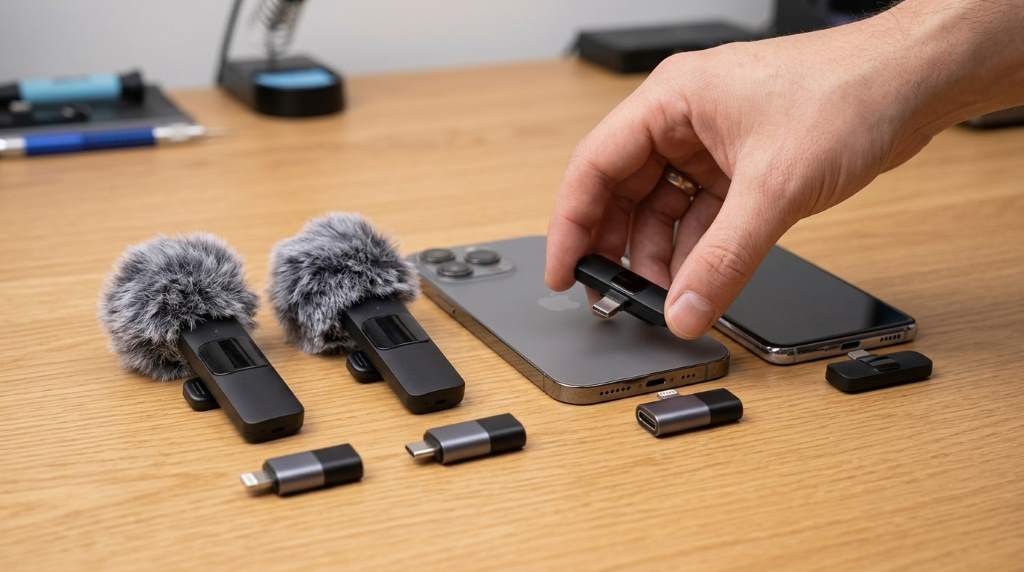 Mini Mic Pro connected to smartphone for wireless recording