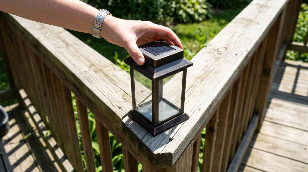 Outdoor dining area decorated with solar lanterns