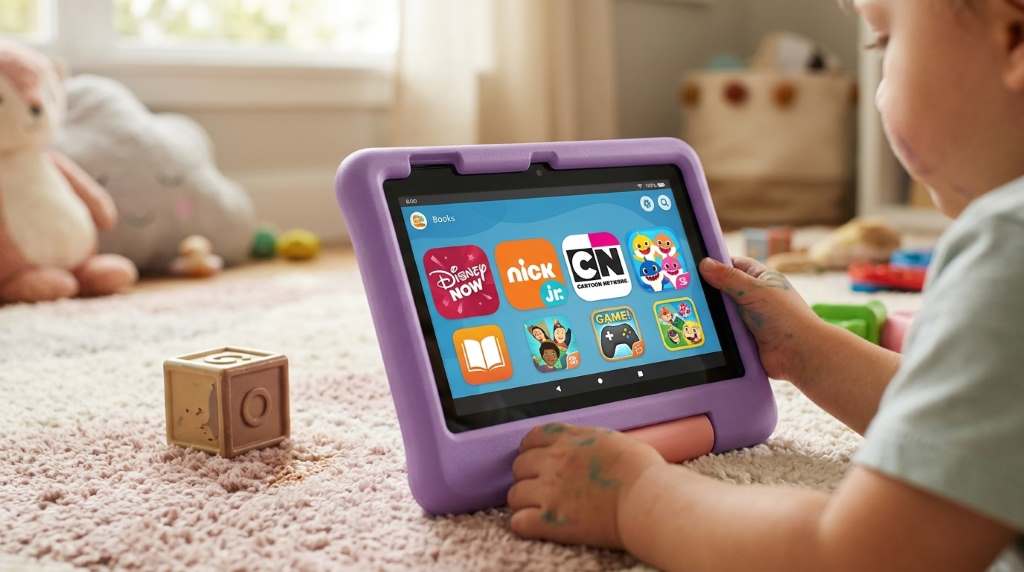 Parent setting screen time controls on kids tablet