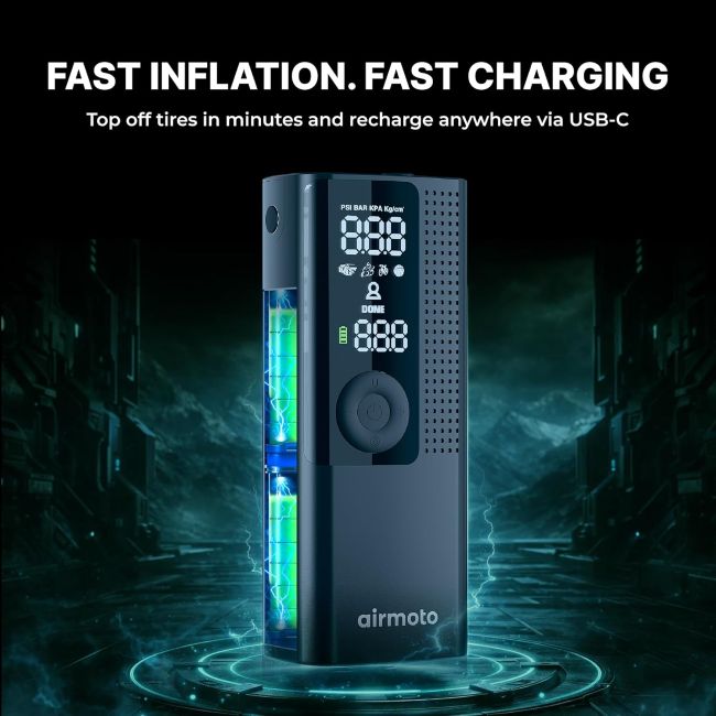 Airmoto air compressor for convenient tire inflation