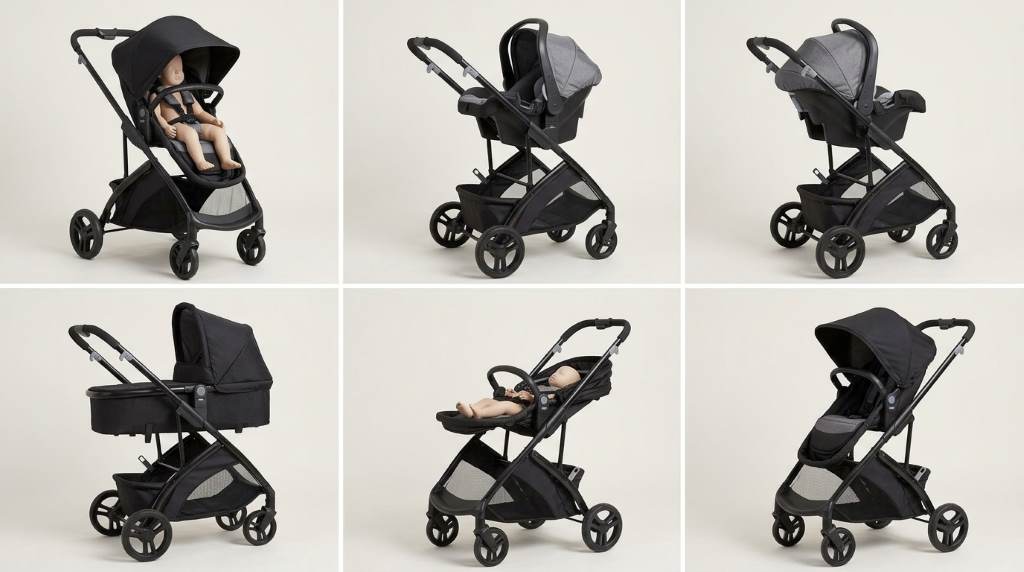 Baby Trend Passport Switch stroller configured in flat bassinet carriage mode in sunny park.