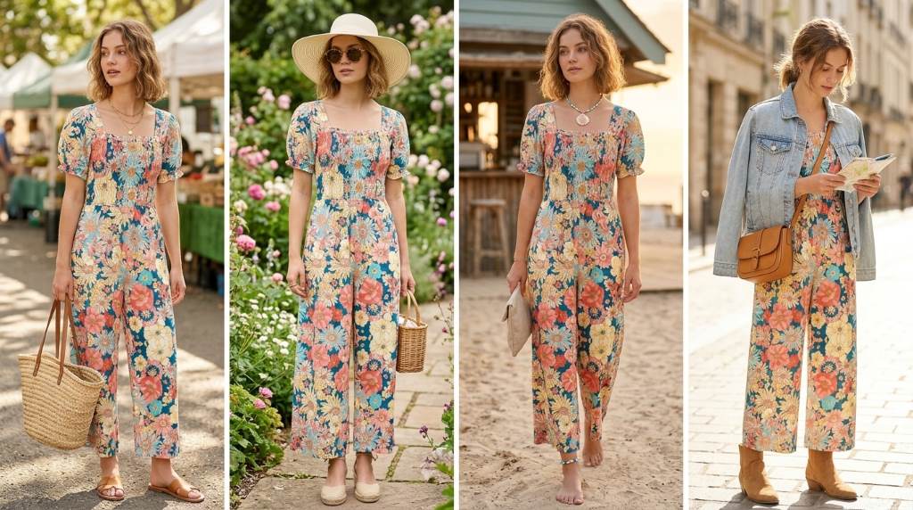 Bavader smocked wide-leg jumpsuit laid out flat on white wooden surface with accessories.