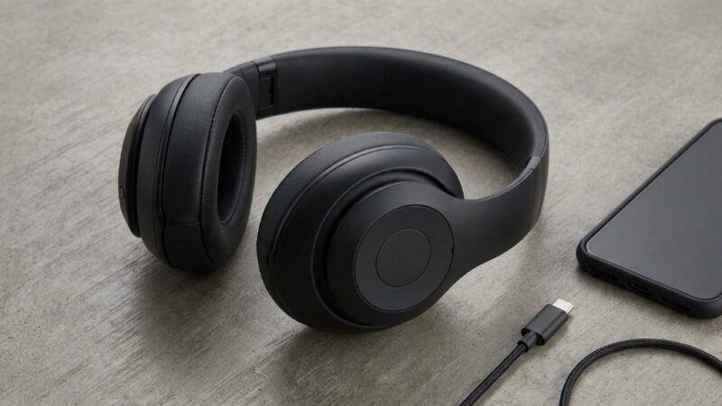 Beats Studio Pro headphones resting on a desk next to a USB-C cable