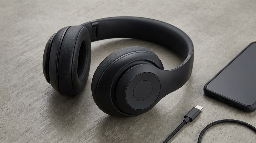Beats Studio Pro headphones resting on a desk next to a USB-C cable