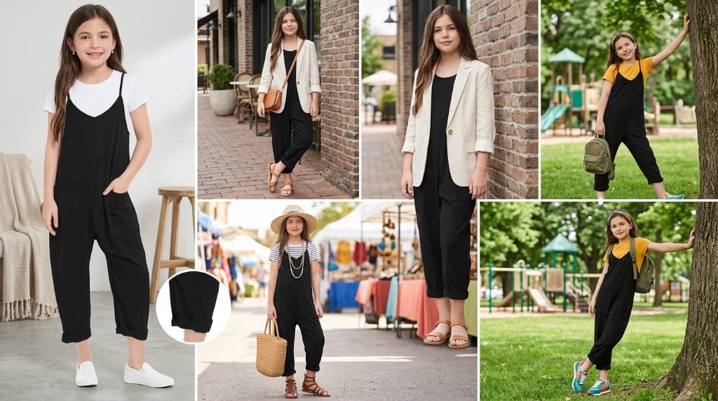 CNKWEI girls jumpsuit styled with cropped white denim jacket and brown leather ankle boots.