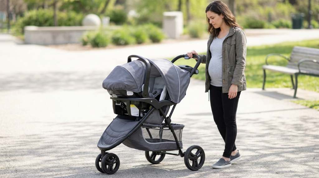 Family strolling through scenic neighborhood park pushing modern Baby Trend travel system.