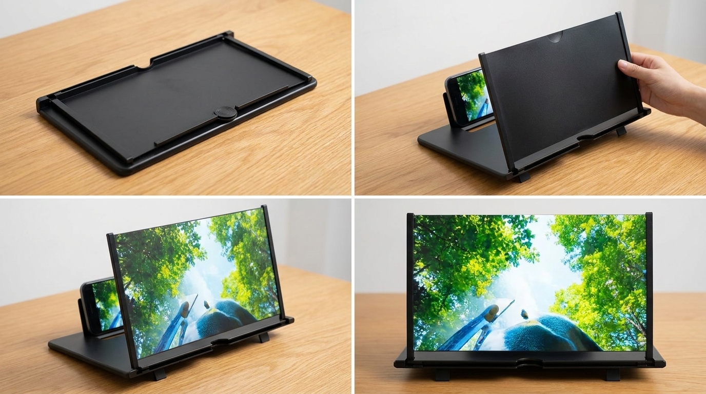 Fanlory 12 screen magnifier set up on a wooden desk with a smartphone in the rear slot