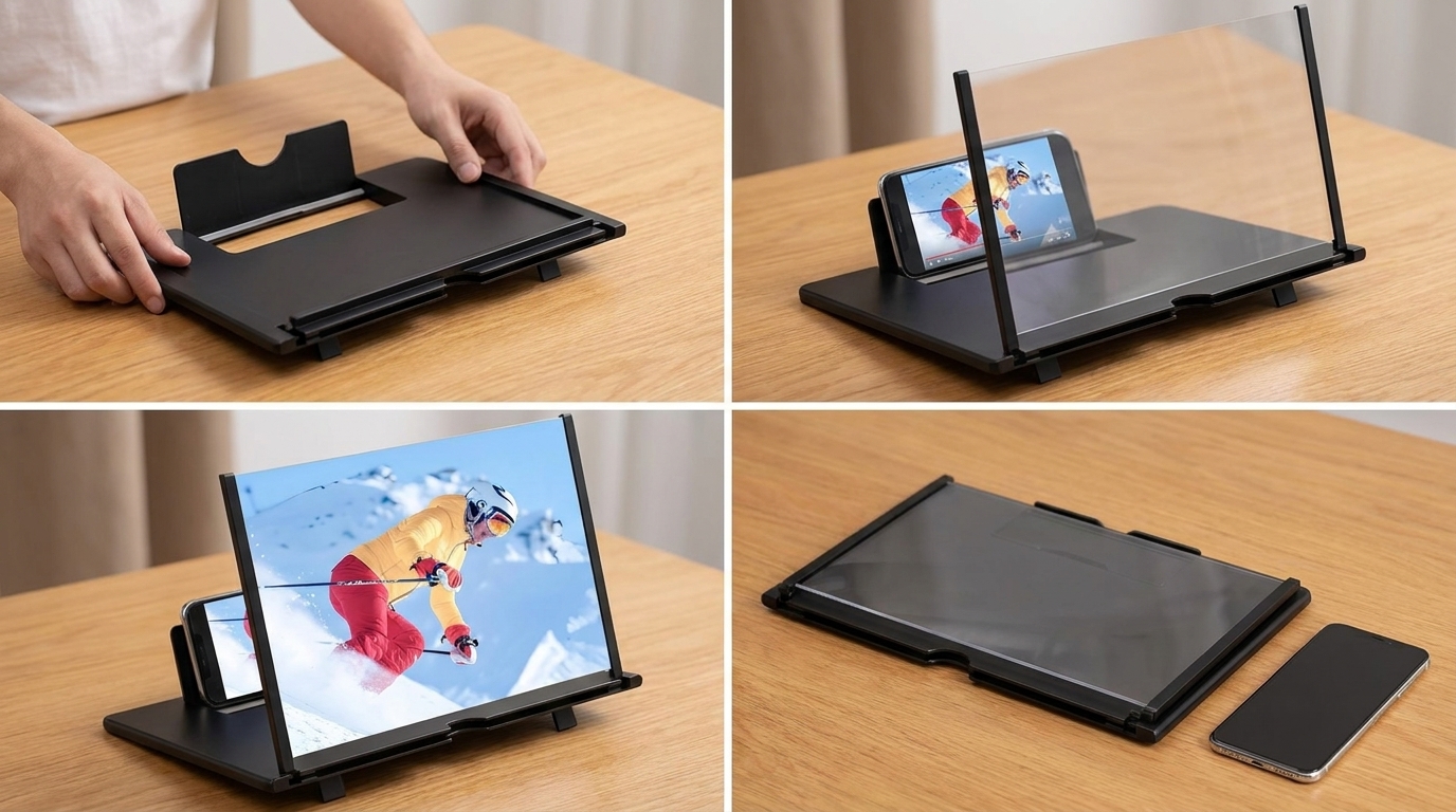 Fanlory 20-inch phone screen magnifier unfolded on a wooden desk