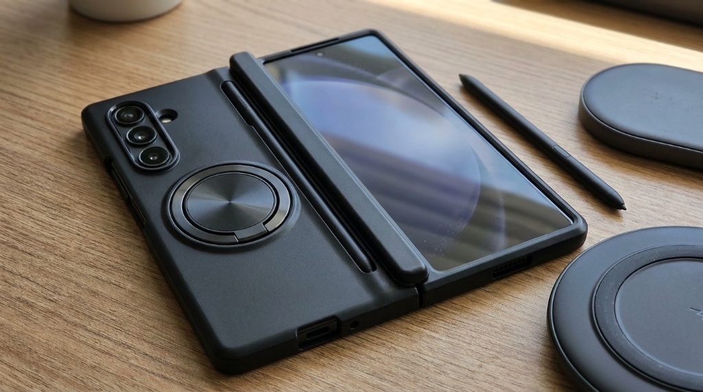 Foldable phone case with kickstand open on a desk