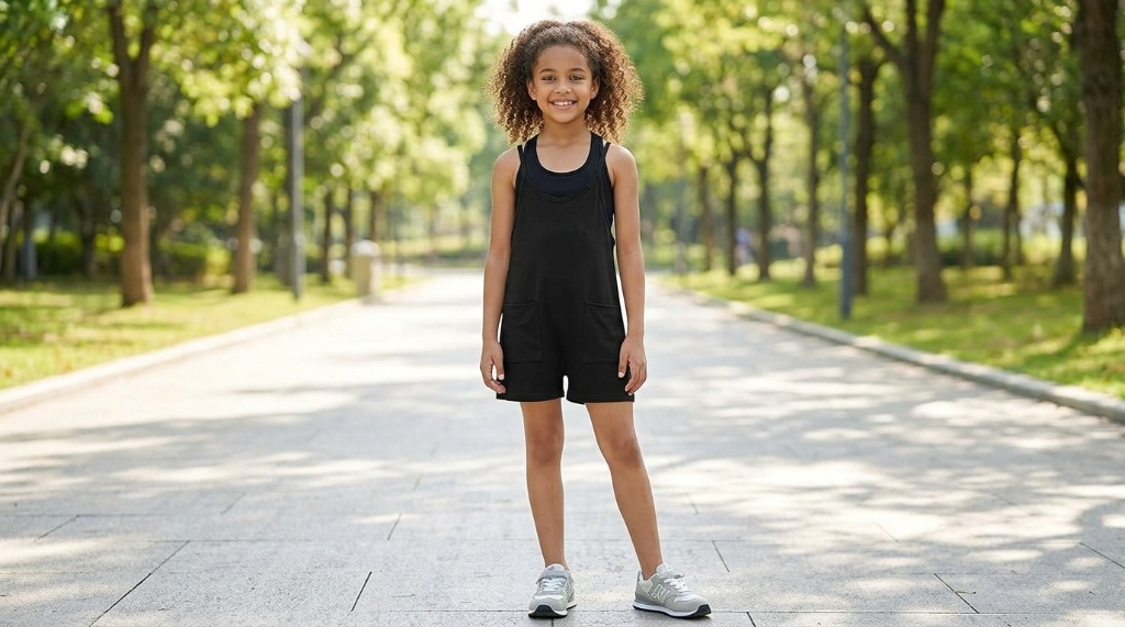 Girl wearing Tongmingyun girls casual romper with sneakers on a playground