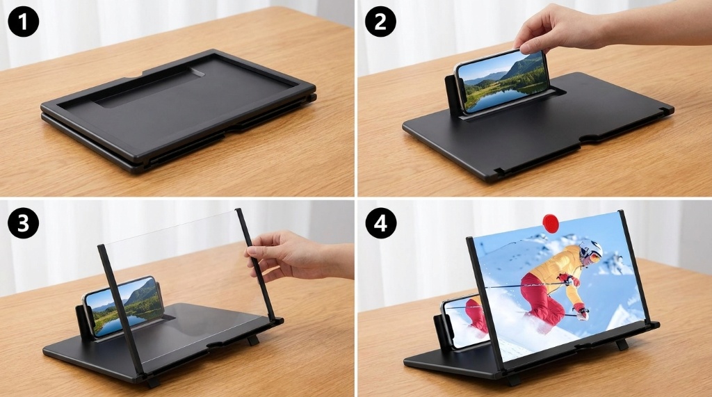 Hands adjusting lens distance on a 20-inch phone screen magnifier
