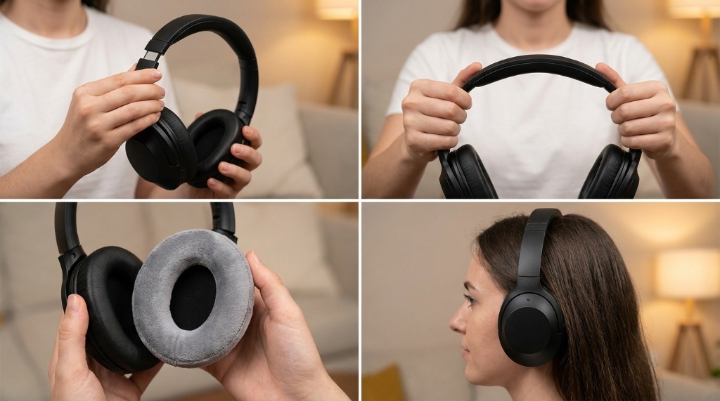 Headphones resting on a stand to maintain shape and prevent pressure points