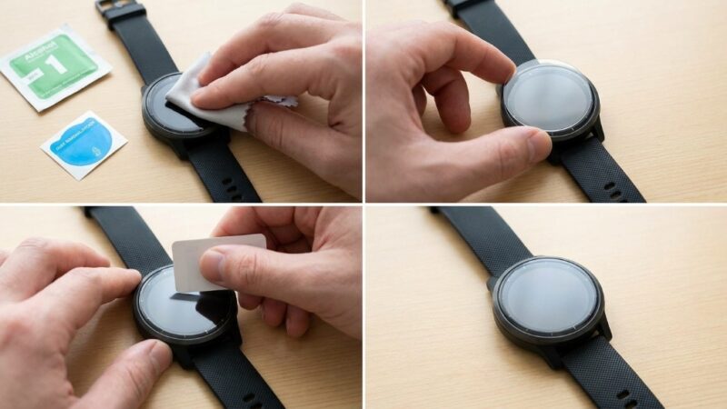 LK Garmin Vivoactive 6 screen protector aligned on a round smartwatch display