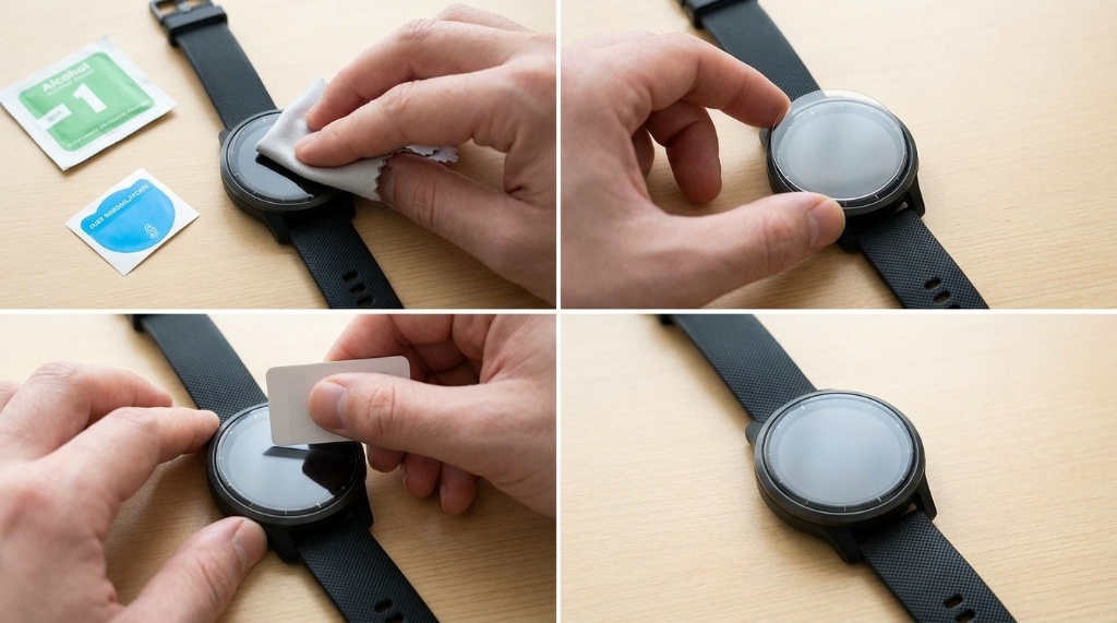 LK Garmin Vivoactive 6 screen protector aligned on a round smartwatch display