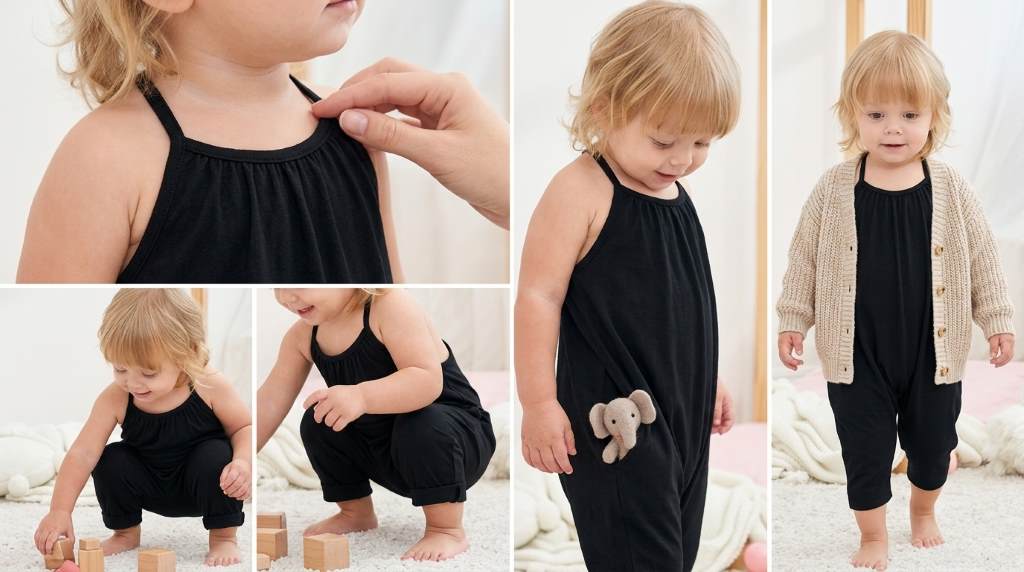 Lindanina toddler girl jumpsuits in three pastel colors hanging on wooden nursery rack.