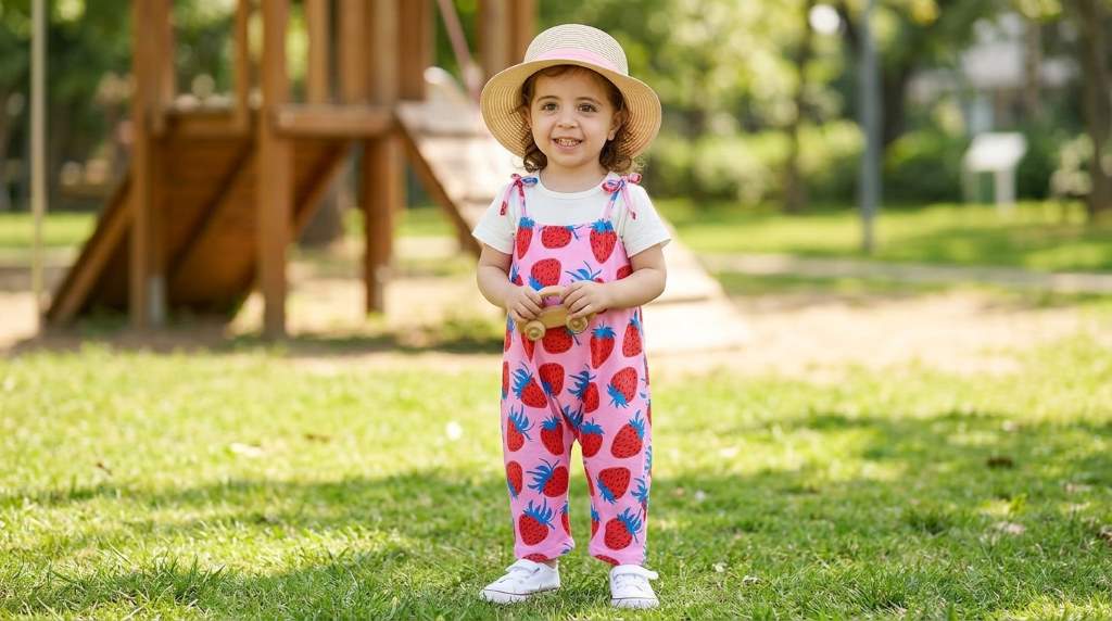 Lindanina toddler romper laid flat on wooden table surrounded by jelly sandals and hair bows.