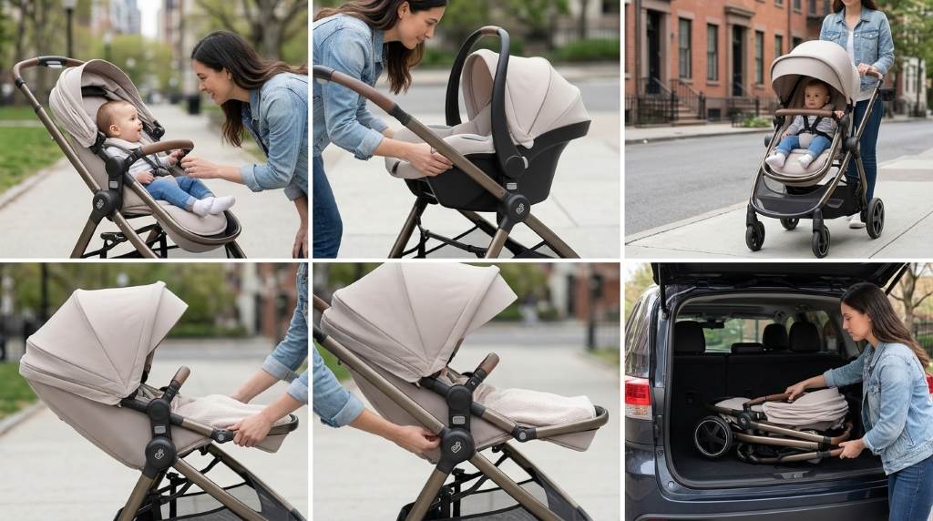 Maxi-Cosi Zelia 2 Luxe stroller standing compactly in self-standing folded position in hallway.