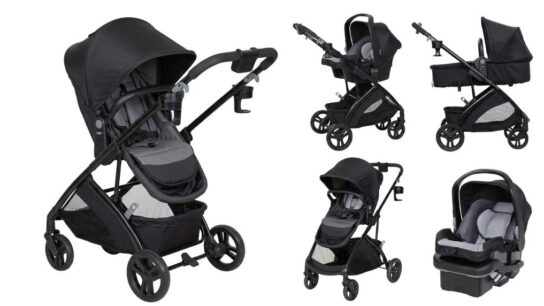 Parent adjusting five-point harness on Baby Trend Passport Switch modular toddler seat.