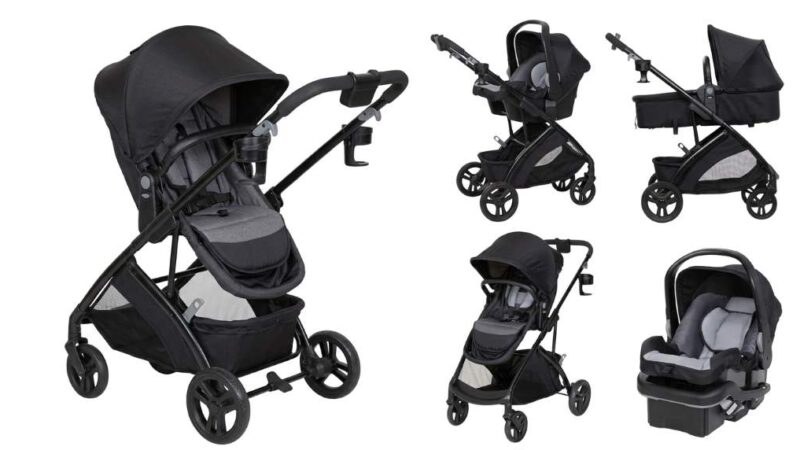 Parent adjusting five-point harness on Baby Trend Passport Switch modular toddler seat.