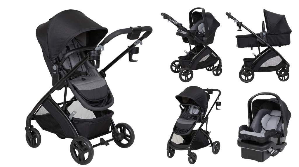 Parent adjusting five-point harness on Baby Trend Passport Switch modular toddler seat.