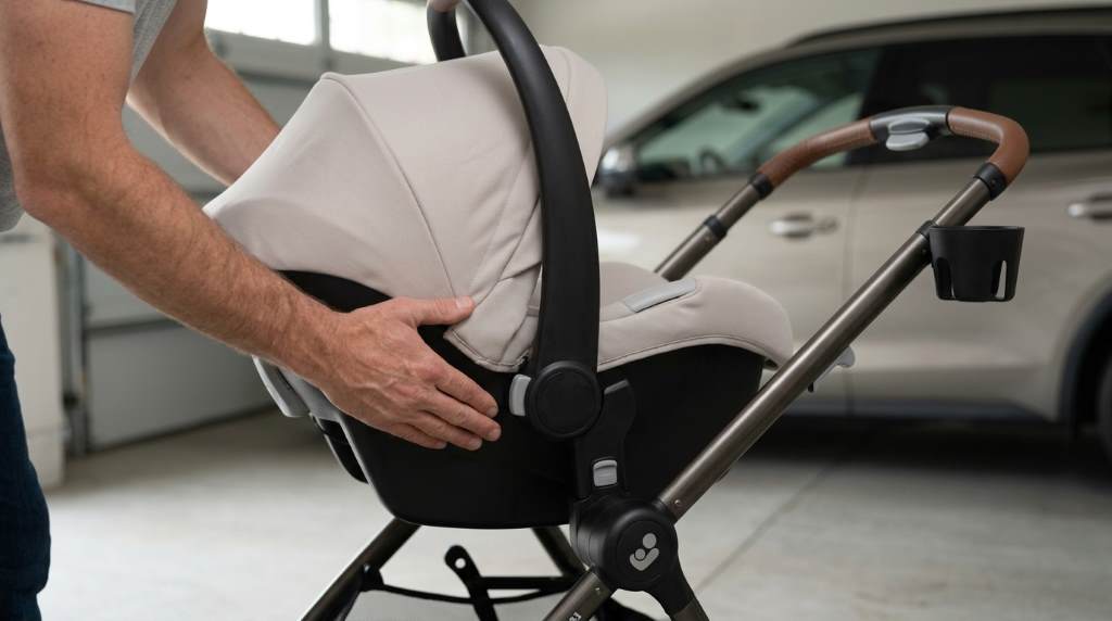 Parent converting Maxi-Cosi Zelia 2 Luxe toddler seat into lie-flat infant carriage pram.