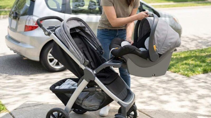 Parent docking Chicco KeyFit infant car seat securely into aluminum Bravo stroller frame.